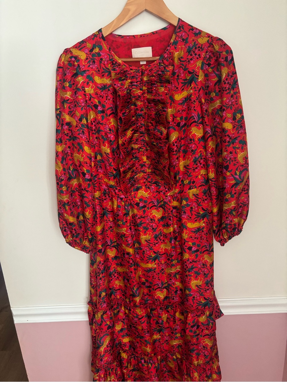 J. Crew Collection Tiered Ruffle Midi Dress Red Jungle Cat Size 4